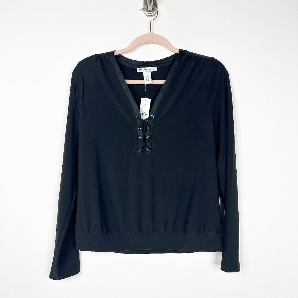 NWT White House Black Market Long Sleeve Lace Up Top Black Small - Picture 2 of 7